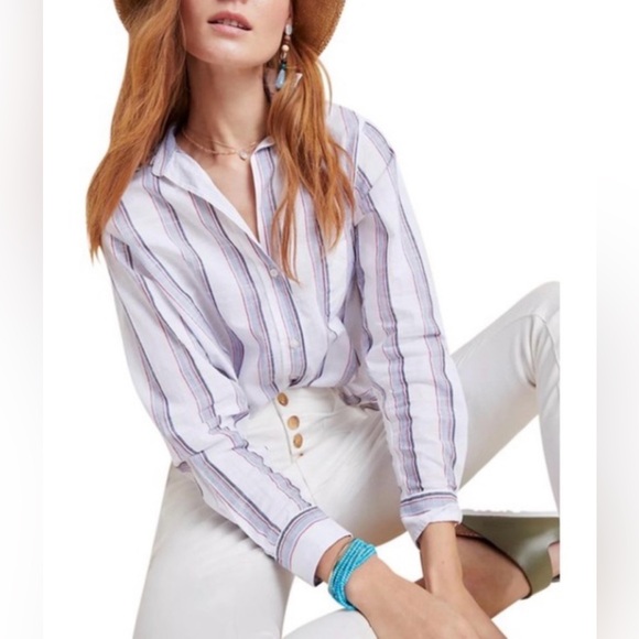 GRAYSON Blue and White Stripe THE HERO Long sleeve Cotton Button Up Top 3 - Picture 1 of 10